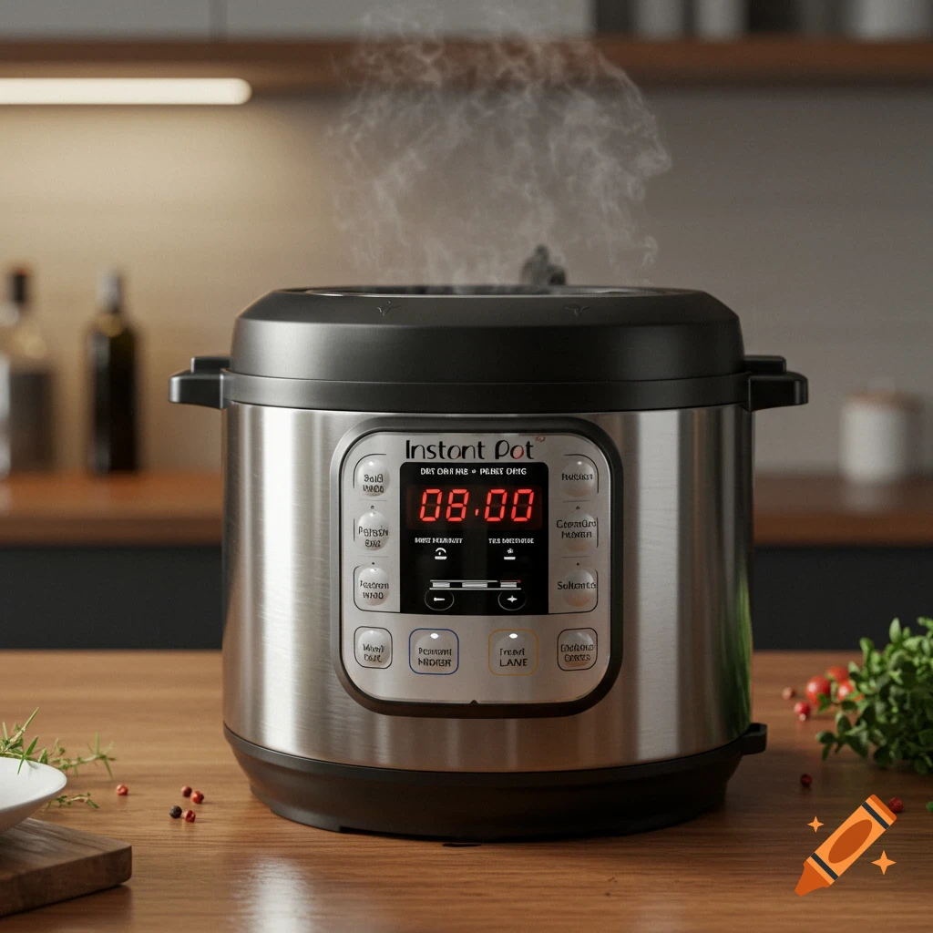 A stainless steel Instant Pot with a black lid steams on a wooden counter in a modern kitchen, displaying 08:00.