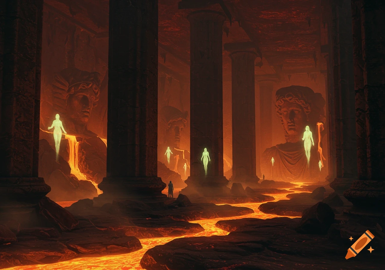 A dark Greek underworld with massive columns, carved faces, a glowing lava river, and ethereal spirits.