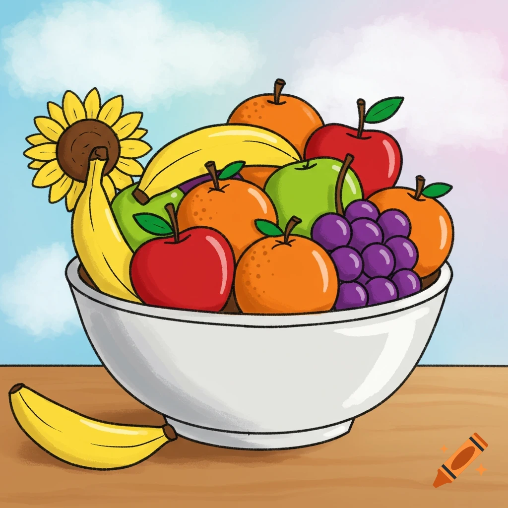 A cartoon white bowl overflowing with colorful bananas, apples, oranges, and grapes, with a sunflower, on a wooden table under a cloudy sky.