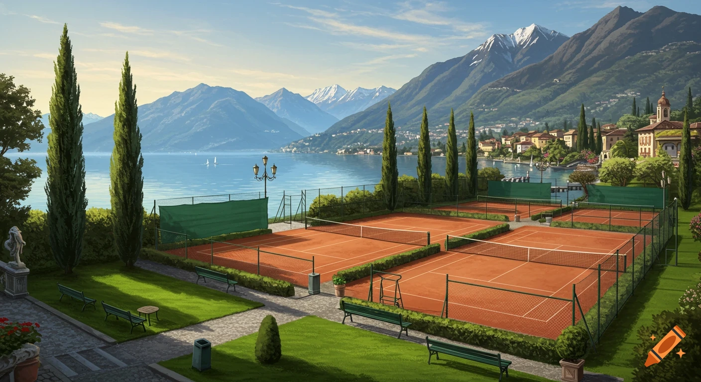 Scenic view of multiple clay tennis courts overlooking a calm lake and snow-capped mountains with European architecture.