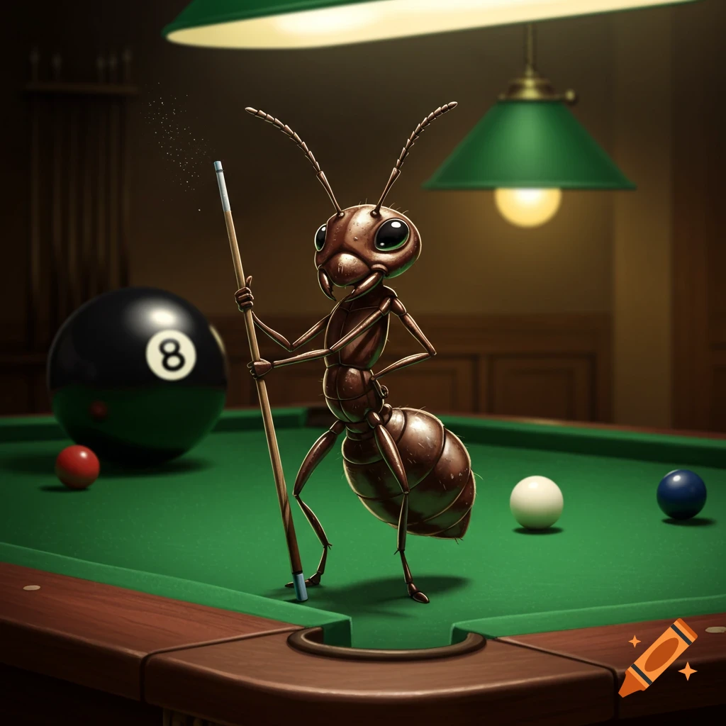 A stylized ant stands on a green billiards table, holding a pool cue. An 8-ball is in the background.