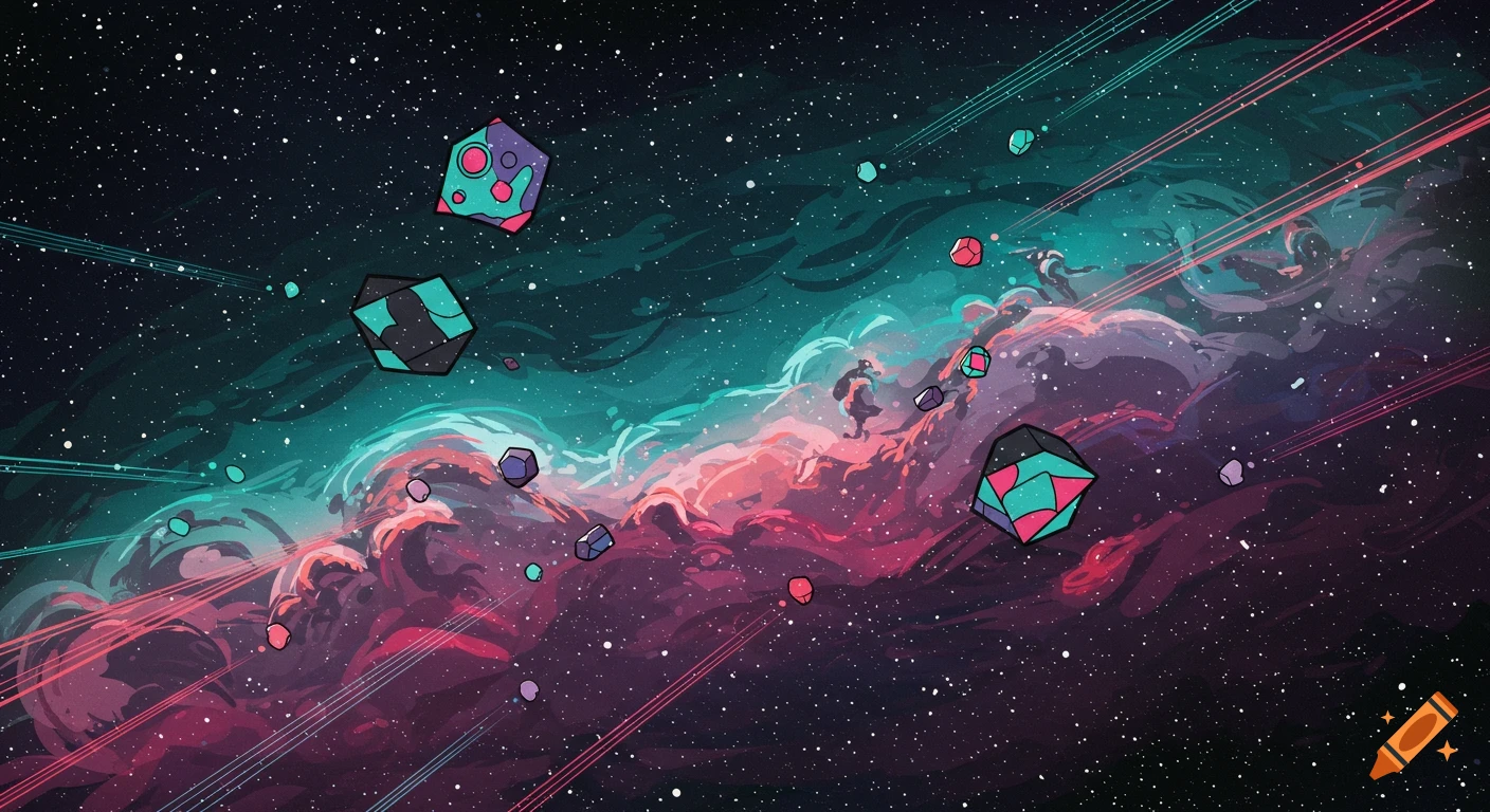 Vibrant cel-shaded comic art of an intergalactic scene with pink and teal nebulae, asteroids, light streaks, and tiny figures.