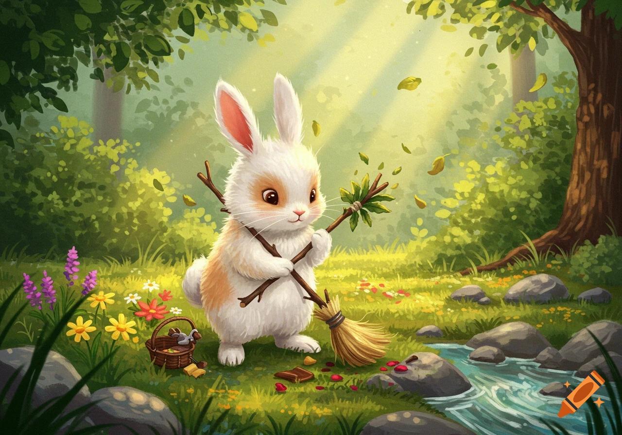 A cute white and orange bunny holds a stick broom, sweeping fallen leaves in a sunlit cartoon forest.