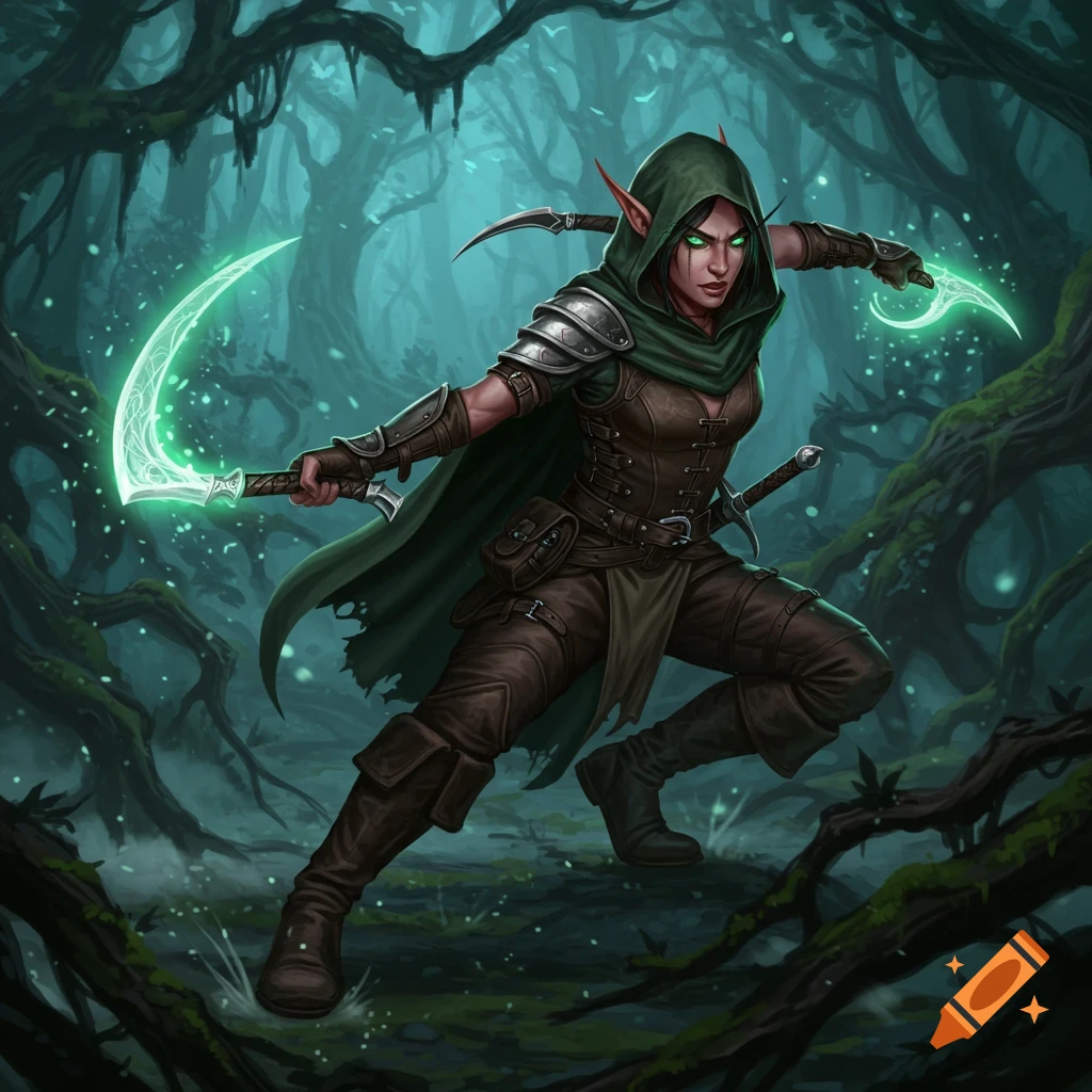 A female elf rogue in dark green and brown armor lunges forward, holding two glowing crescent blades in a dark, mossy fantasy forest.