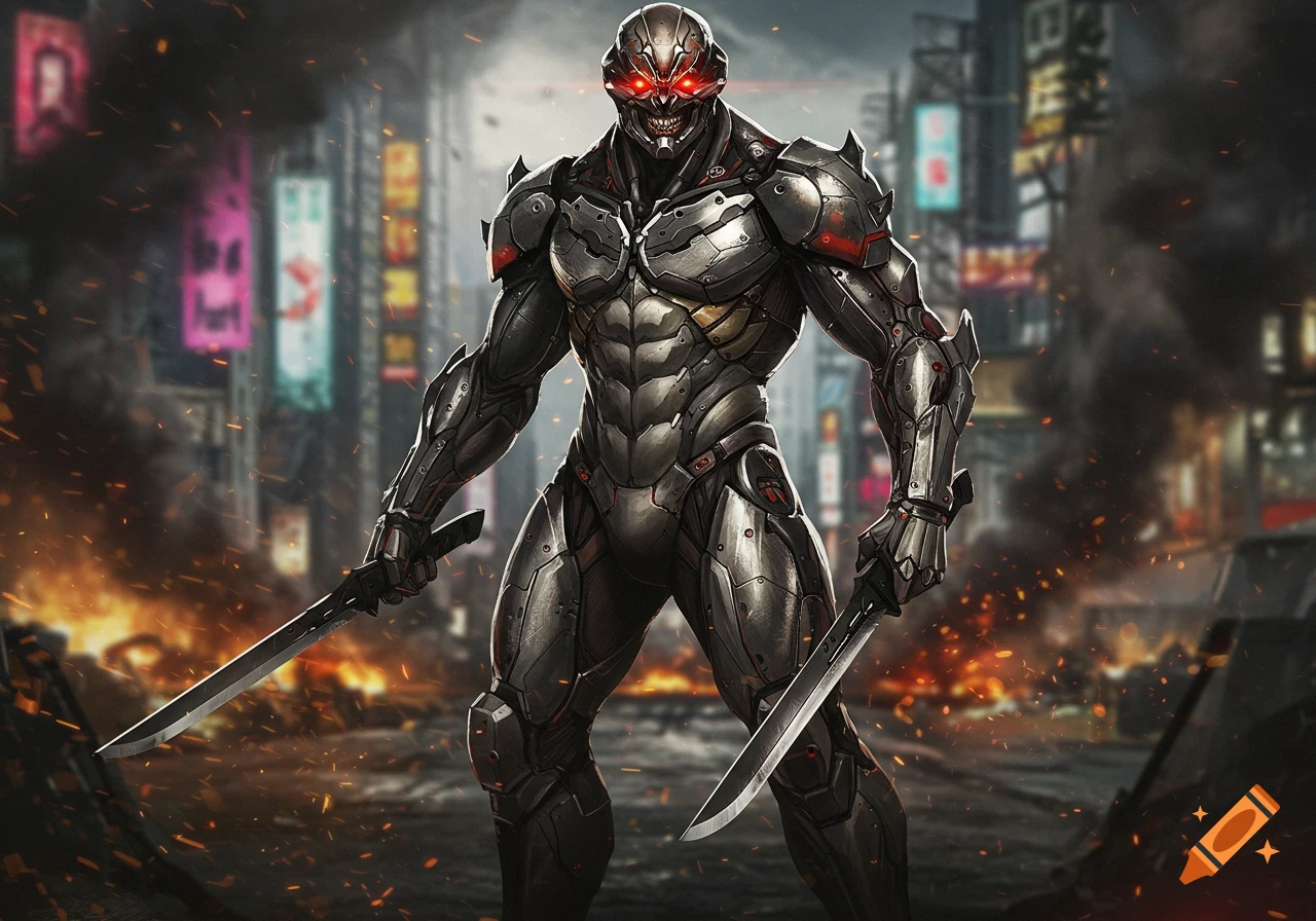 A menacing cyborg warrior with glowing red eyes and two swords stands in a burning futuristic city.