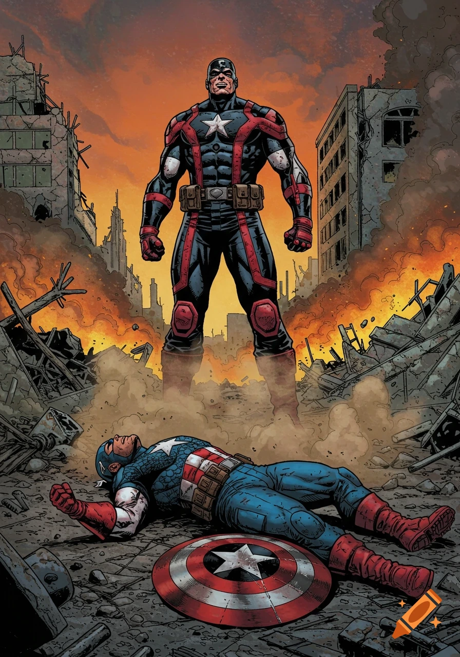 A triumphant superhero-like figure stands over a defeated Captain America and his shield in a destroyed, burning city, comic art style.