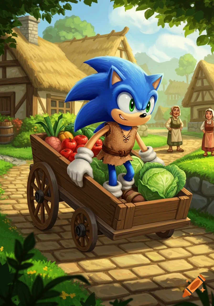 Illustrated Sonic the Hedgehog in peasant clothes pushing a wooden cart filled with vegetables through a charming village.