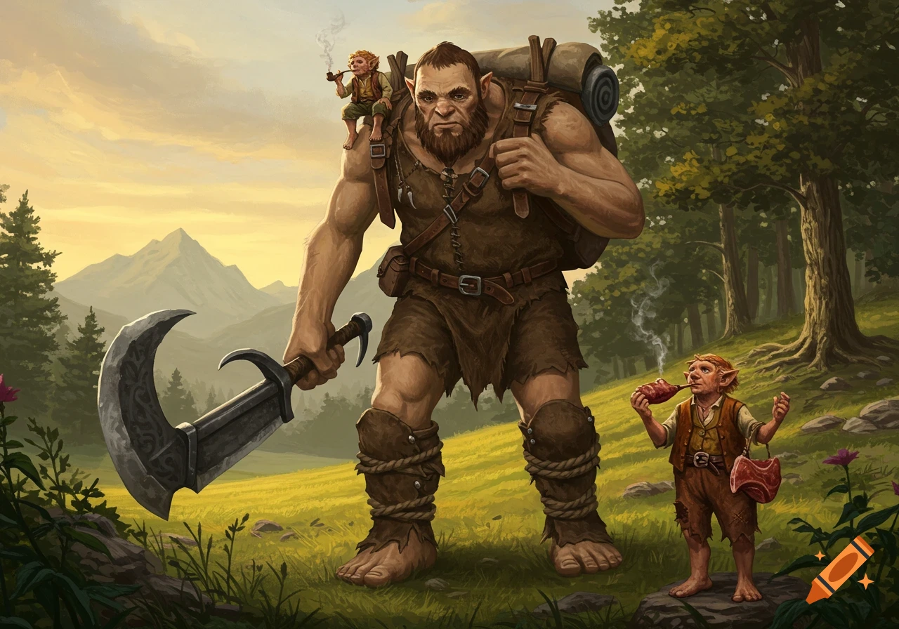 A giant with a crescent sword walks through a sunny field with a hobbit on his shoulder, another nearby.