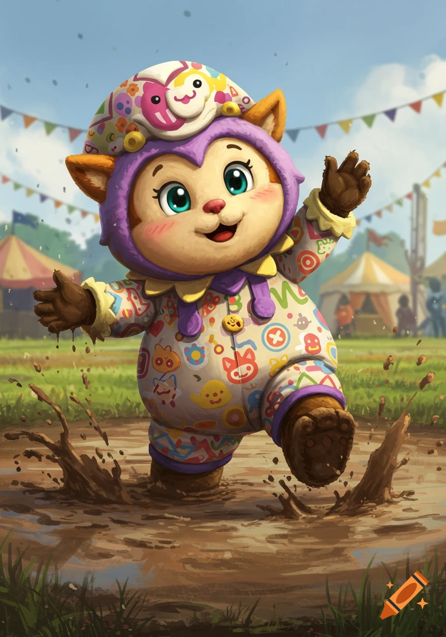 A cute, pudgy mascot character in a colorful jumpsuit splashes happily in a muddy puddle at a fairground.