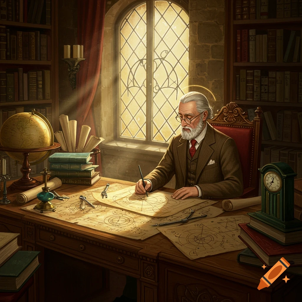 Elderly mathematician with a white beard and glasses, dressed in a brown suit, drawing diagrams at a wooden desk in a sunlit study with bookshelves and a globe.
