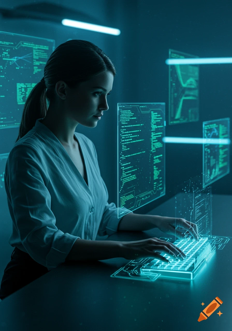 A woman with a ponytail types on a glowing holographic keyboard, looking at floating screens displaying green code in a dark, futuristic setting.