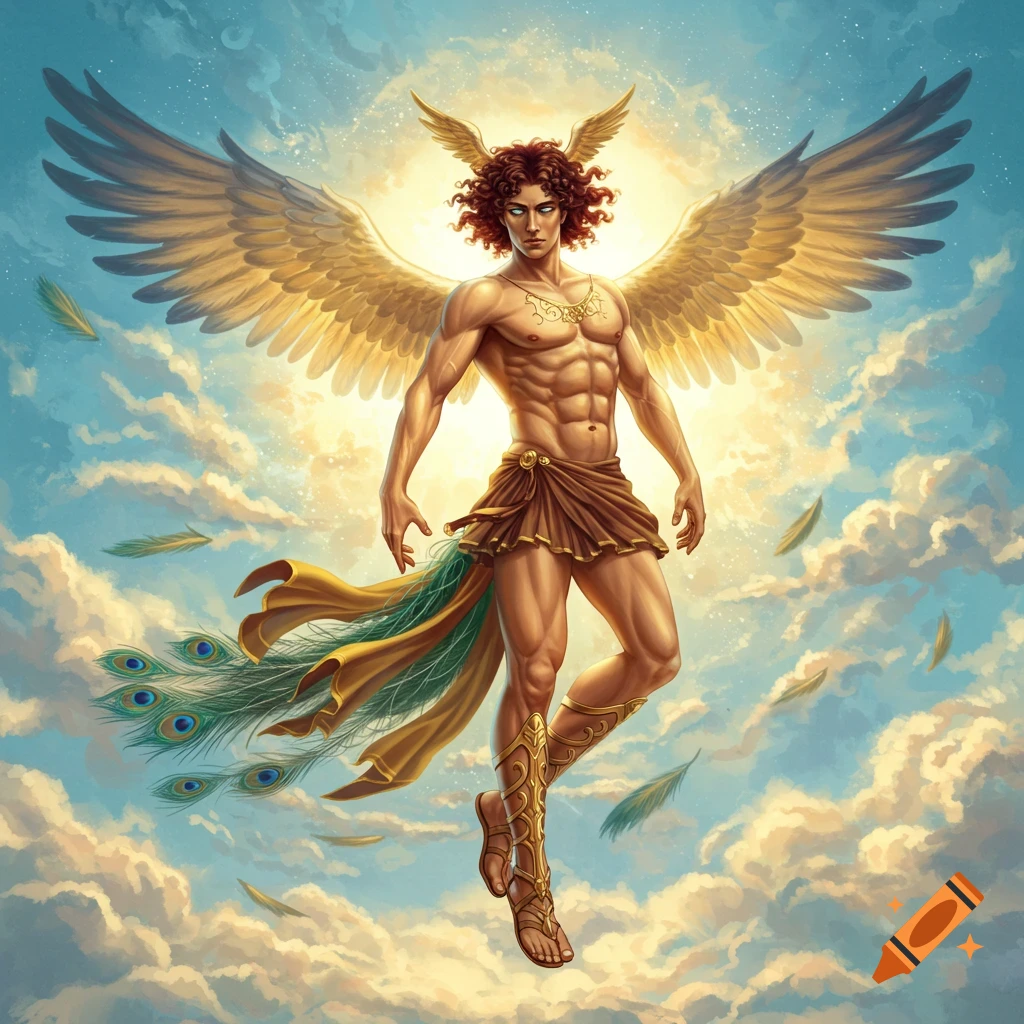A muscular, winged male figure with curly red hair, a gold winged helmet, and a skirt with peacock feathers, floats in a cloudy blue sky.