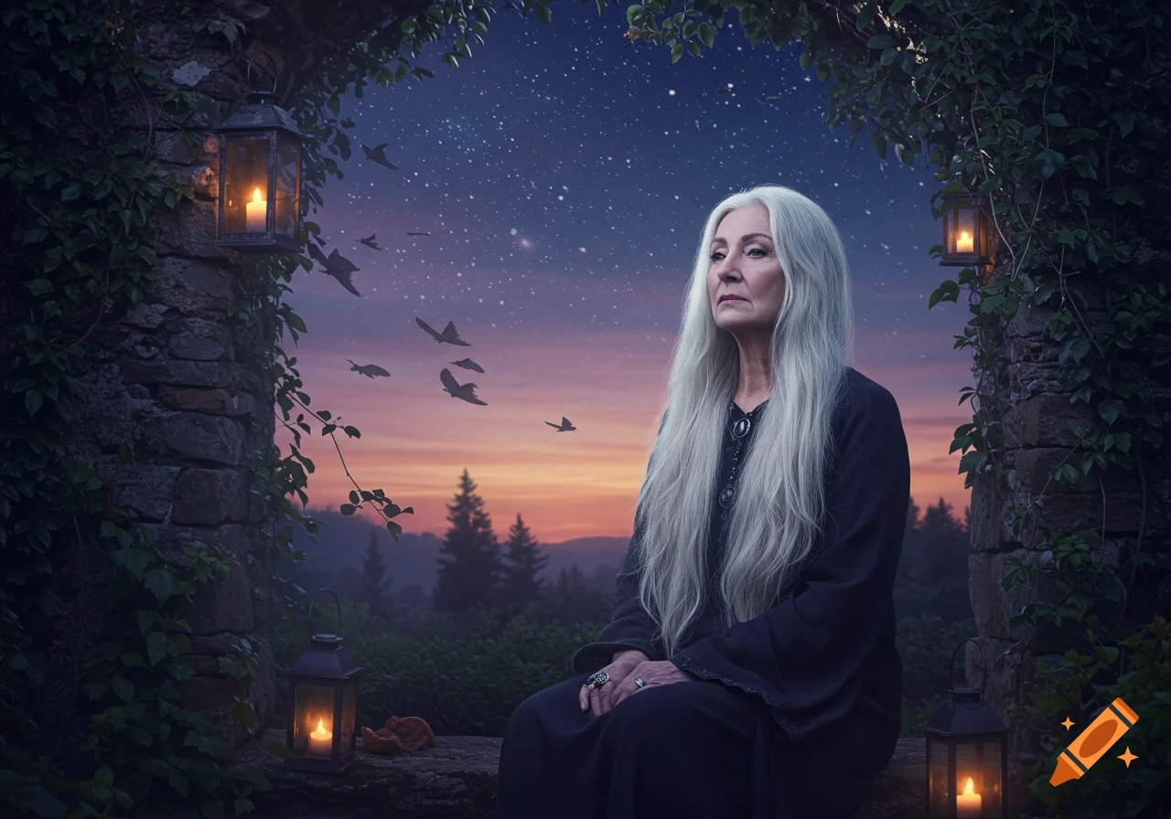 An older woman with long white hair in a dark dress sits by ivy-covered stone walls and lanterns under a starry, twilight sky with birds flying.
