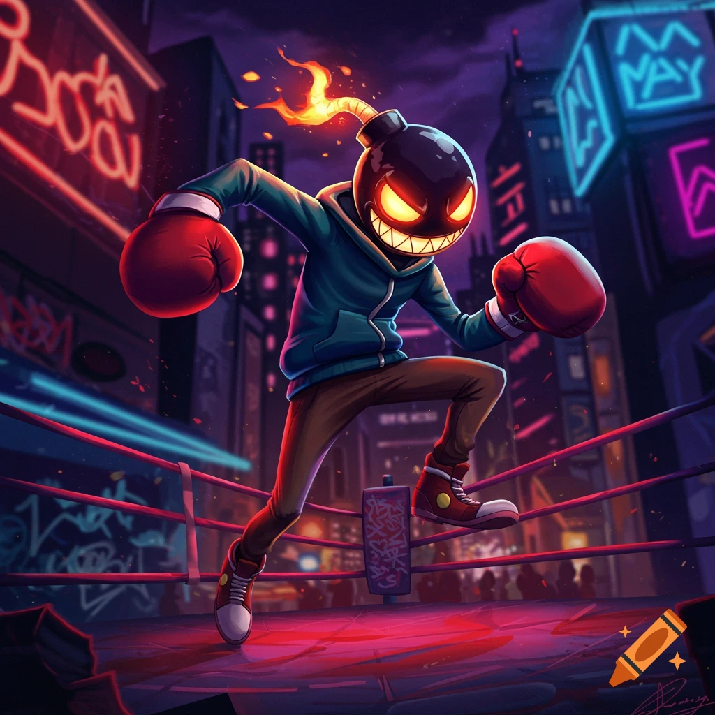 A cartoon bomb-headed character with glowing red eyes, wearing a teal hoodie, brown pants, and red boxing gloves, crouches in a boxing ring at night in a neon-lit city.