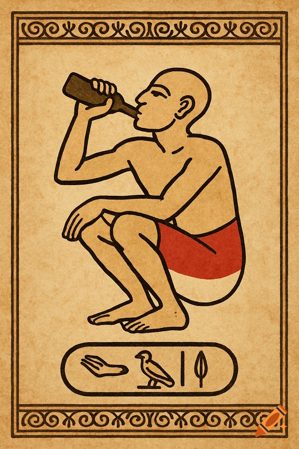 A bald man in an ancient Egyptian hieroglyph style illustration, squatting and drinking from a bottle. He wears red and white shorts.