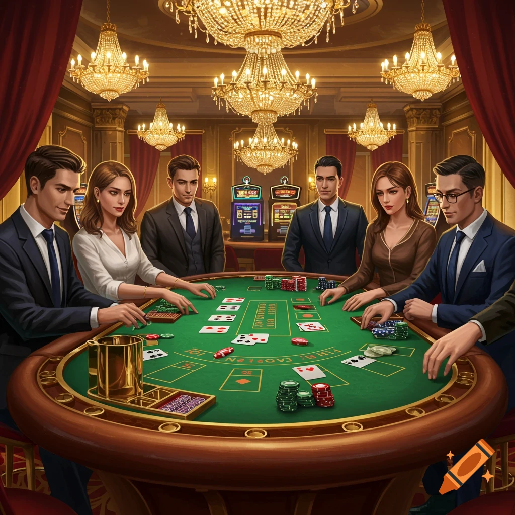 An opulent casino scene with several elegantly dressed people playing cards at a green blackjack table, surrounded by chandeliers and slot machines.