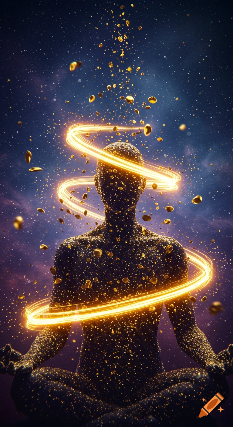 A dark, textured human silhouette meditates in a cosmic setting, encircled by swirling golden light and shimmering particles.
