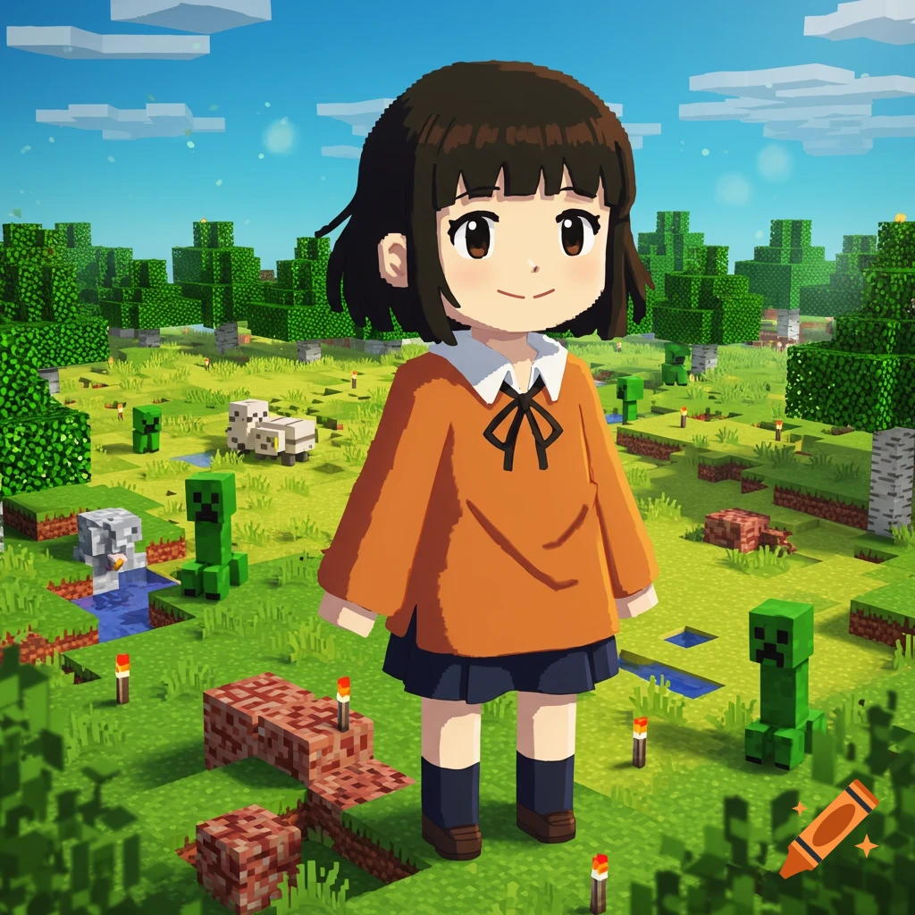 An anime girl with dark hair, an orange shirt, and a blue skirt stands in a pixelated Minecraft world with creepers and sheep.
