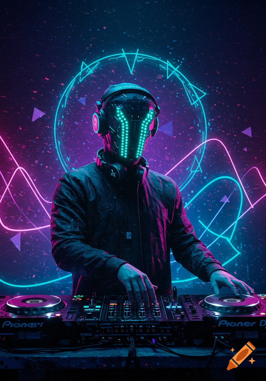 A DJ with a futuristic, glowing LED mask and headphones performs on turntables amidst vibrant neon lights and abstract sound waves in a cyberpunk style.