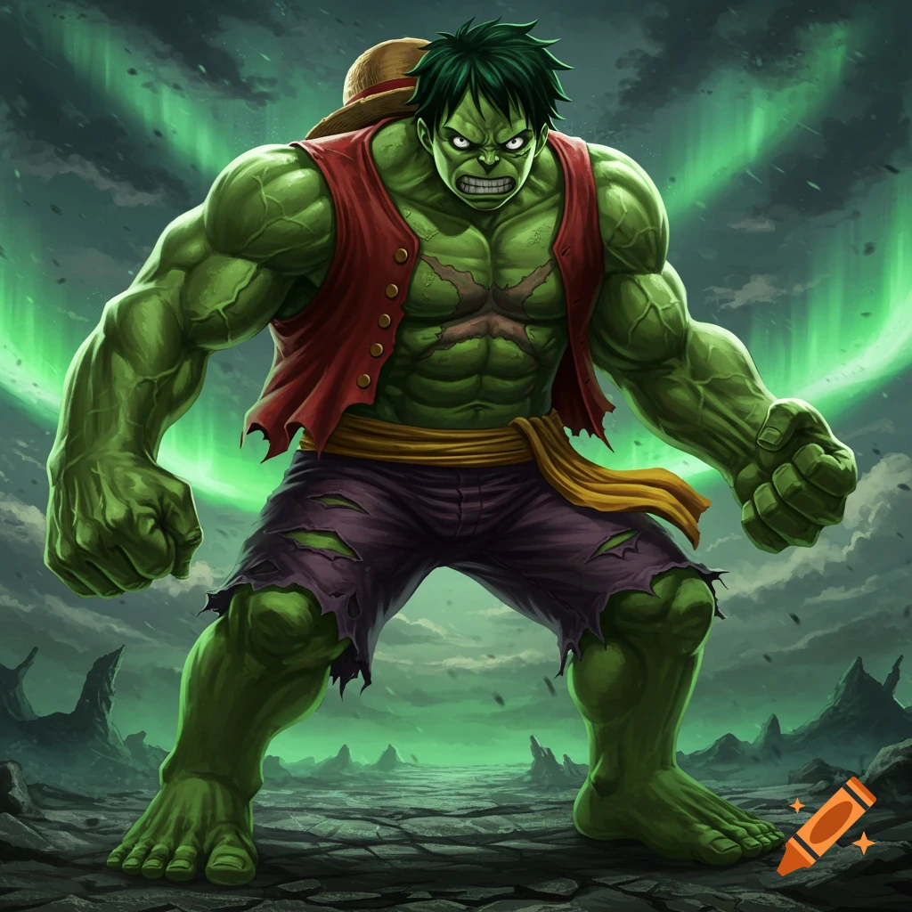 A green muscular Hulk-like figure with an angry face, wearing a straw hat, red vest, and torn pants, standing in a desolate landscape with green aurora.