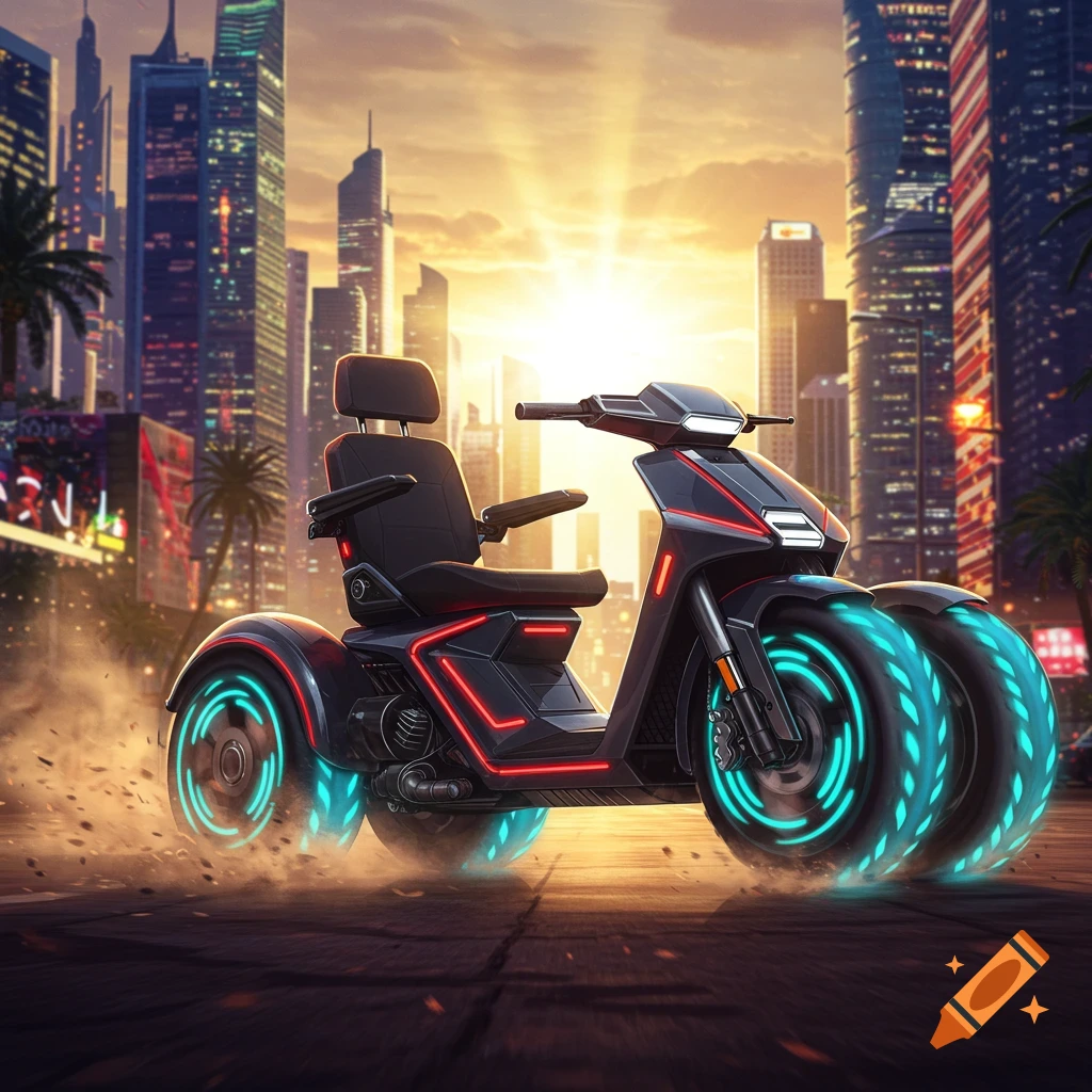 A futuristic black mobility scooter with glowing blue wheels and red neon accents, driving on a city street at sunset with skyscrapers in the background.