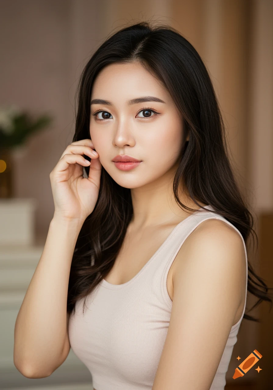A close-up photorealistic portrait of a young East Asian woman with long dark hair, light makeup, and a soft smile, wearing a beige tank top.