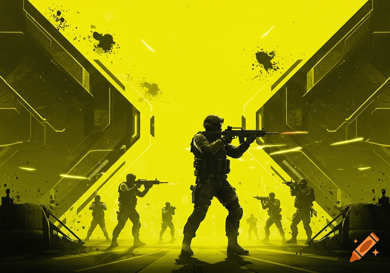 Stylized image of multiple soldiers in dark gear aiming rifles in a vibrant yellow and black futuristic combat scene.