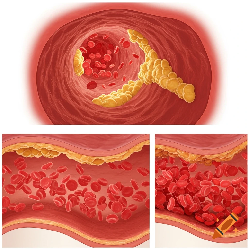 A medical illustration of a blood vessel with red blood cells and cholesterol plaque, showing progression of atherosclerosis in cross-section.
