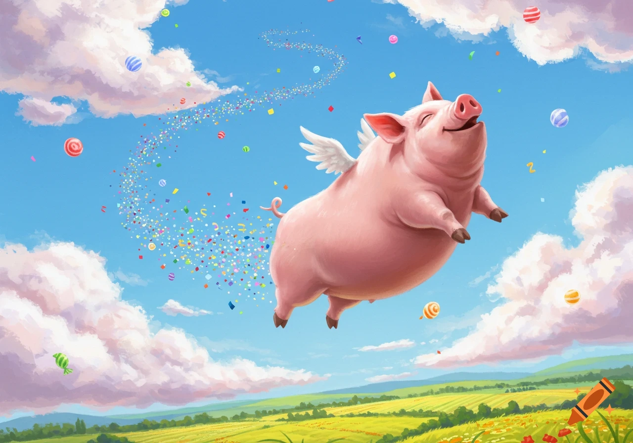 A happy pink cartoon pig with small white wings flies through a bright blue sky filled with colorful confetti, lollipops, and fluffy white clouds over a green landscape.