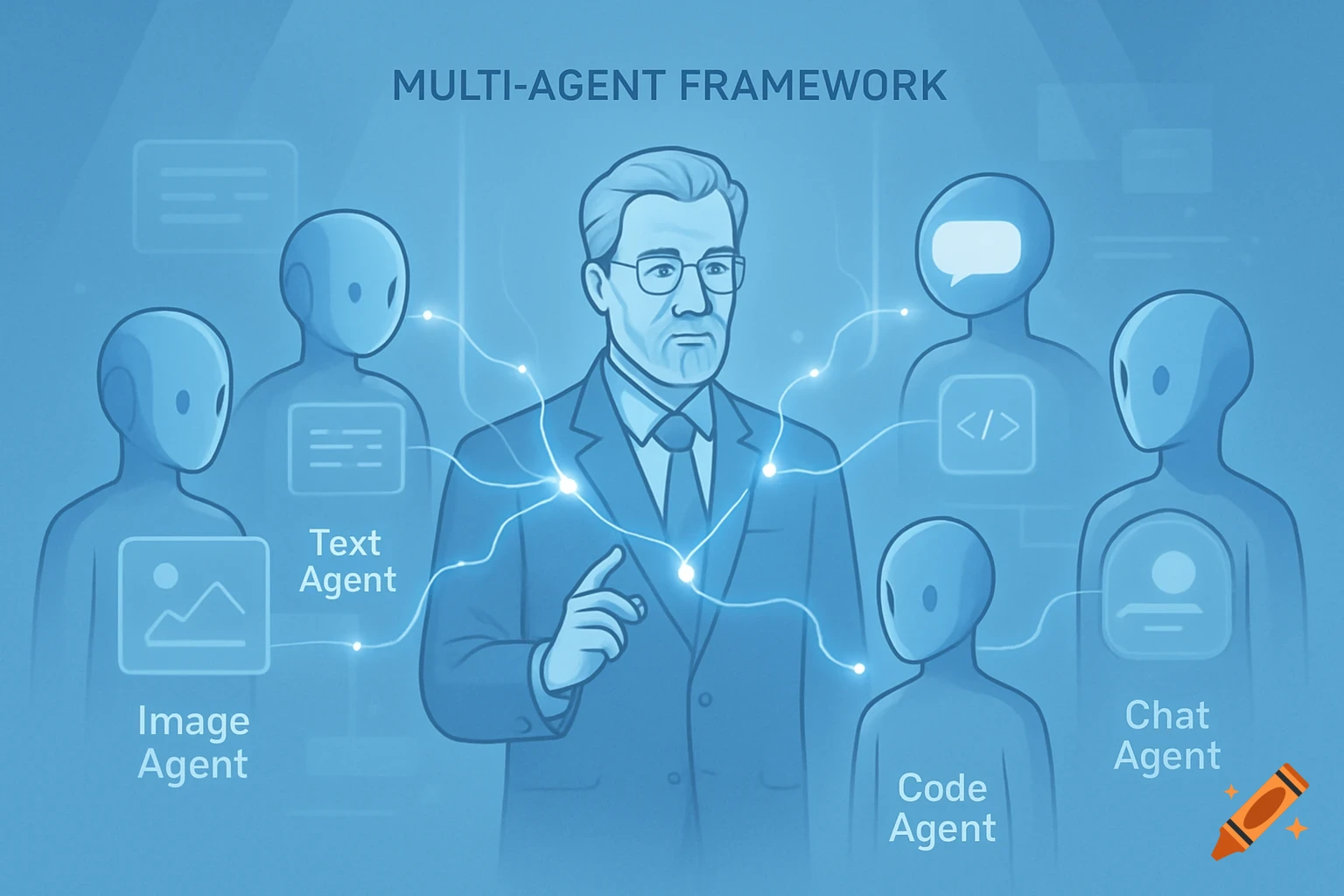 Blue illustration of a multi-agent framework, with a central human expert surrounded by stylized AI agents connected by lines.