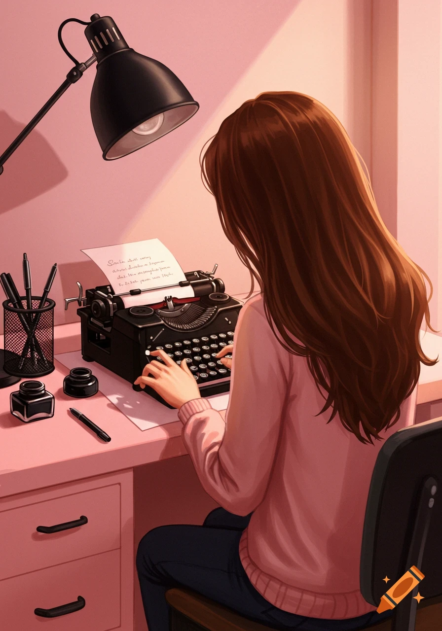 An illustrated scene of a person with long brown hair typing on a black vintage typewriter at a pink desk, illuminated by a desk lamp.