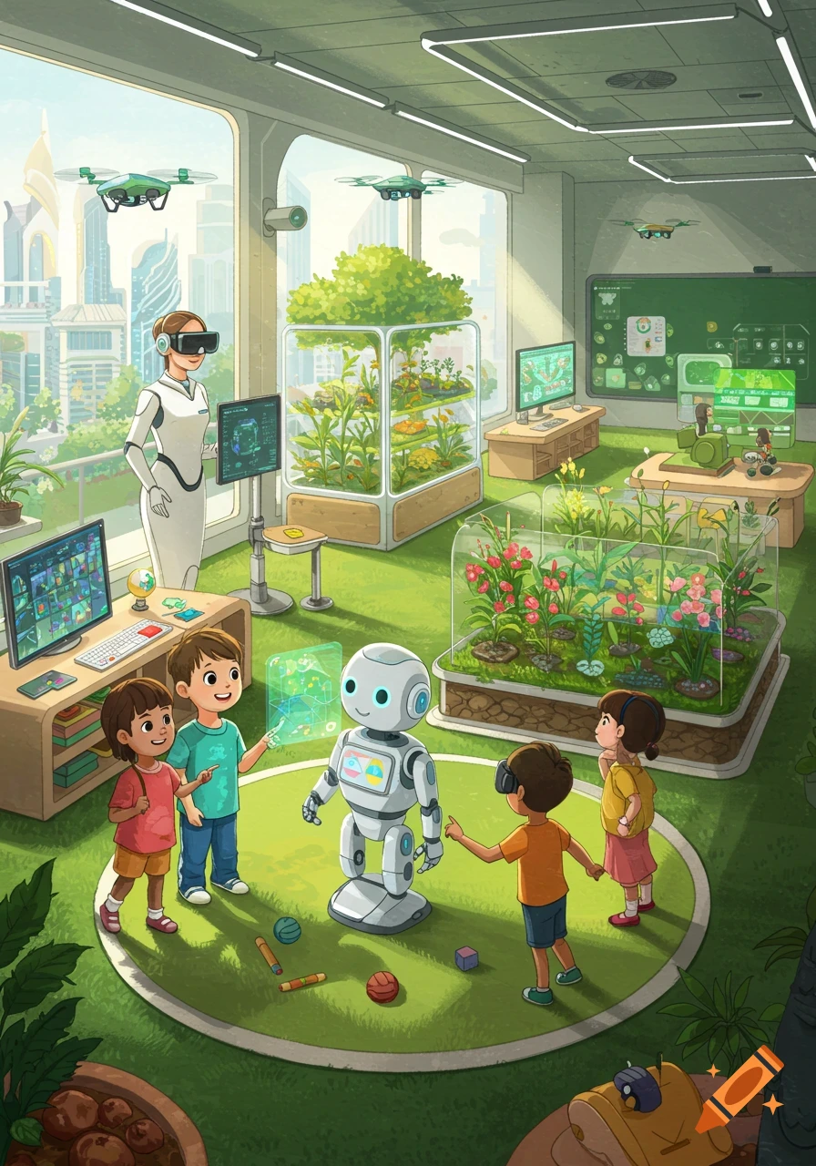 Children, a robot, and an adult in a futuristic classroom with indoor gardens, computers, and drones flying outside.