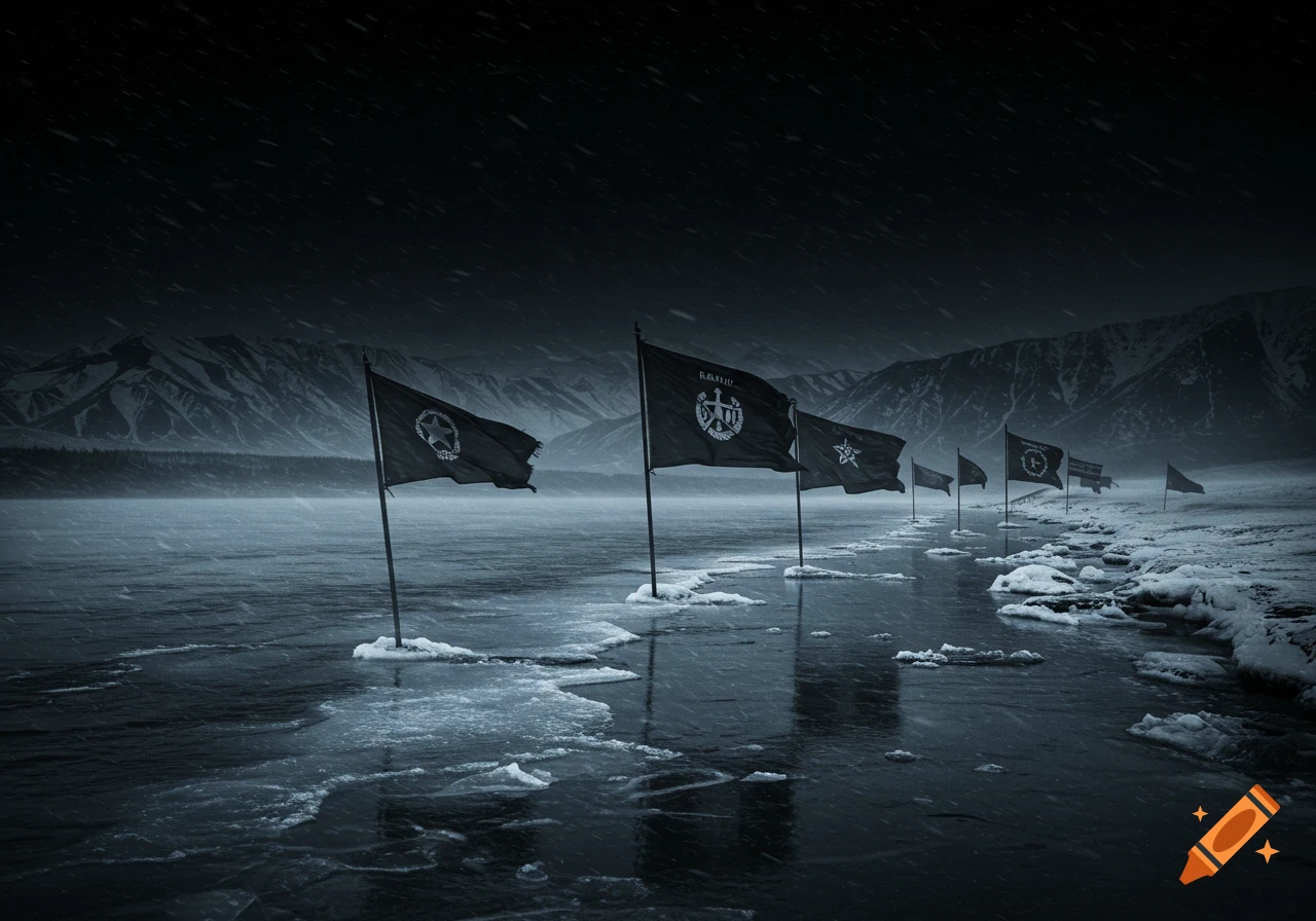 Military flags wave in a harsh wind on a frozen river at night, with snowy mountains in the background.