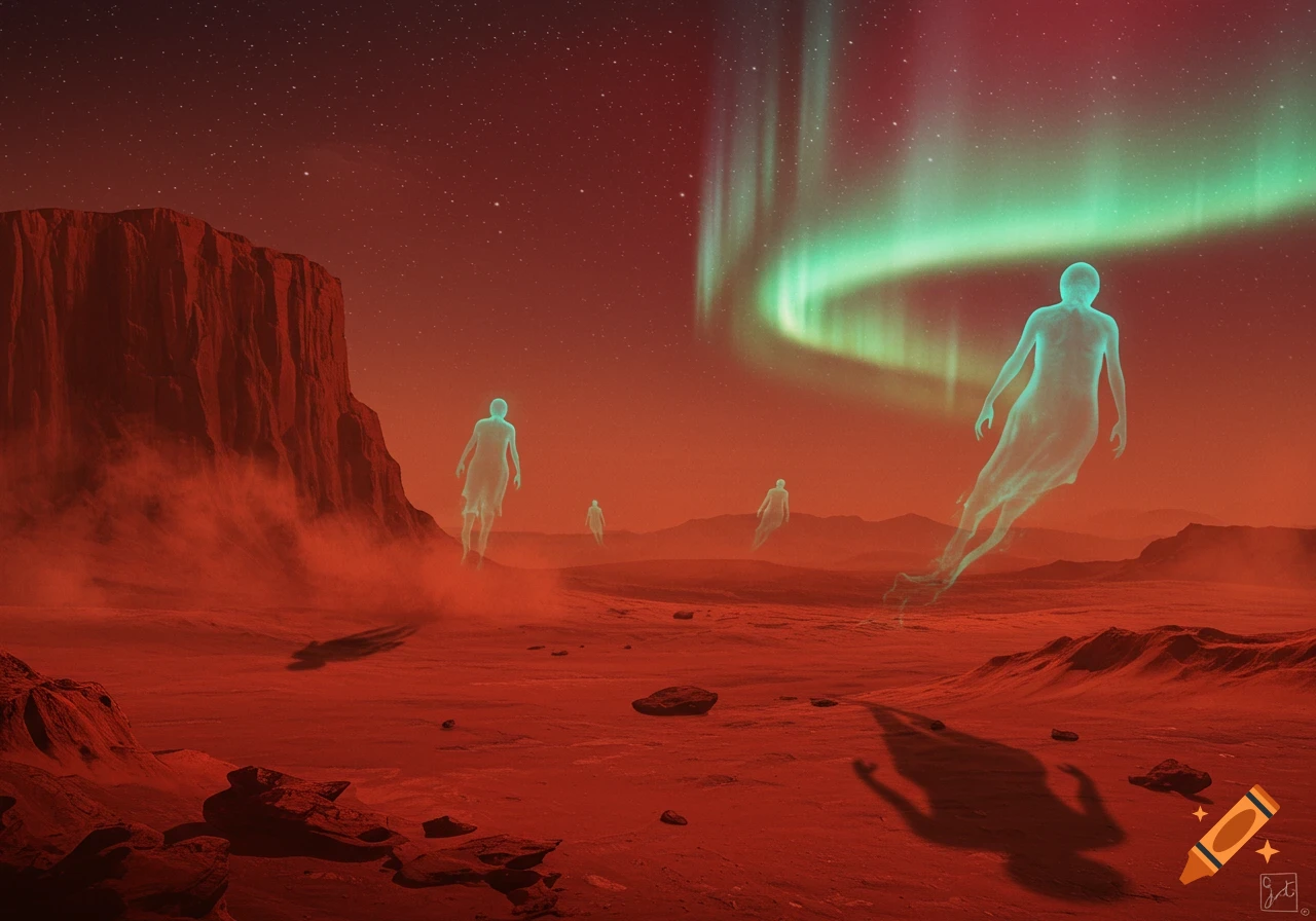 Ethereal ghost-like figures float over a red Martian landscape under a vibrant green aurora.