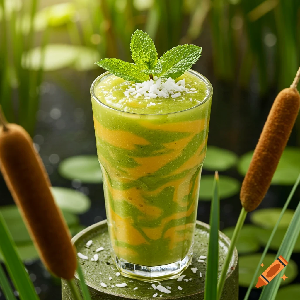 A tall glass of green and yellow swirled smoothie, garnished with mint and coconut flakes, stands on a green base amidst cattails and lily pads in a swampy setting.