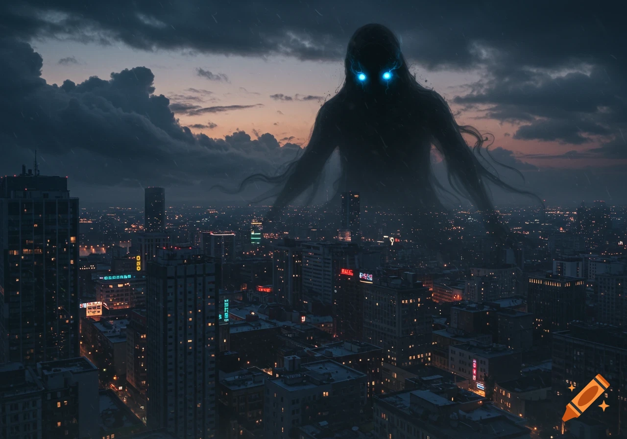 A giant, shadowy monster with glowing blue eyes looms over a rain-swept city at dusk.