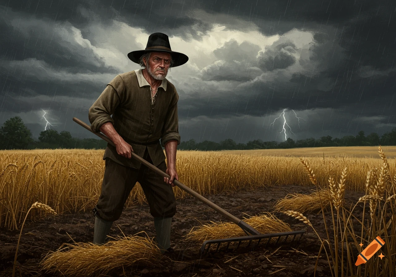 A weathered 17th-century Puritan farmer in a wide-brimmed hat rakes a field of wheat under a stormy sky with lightning.