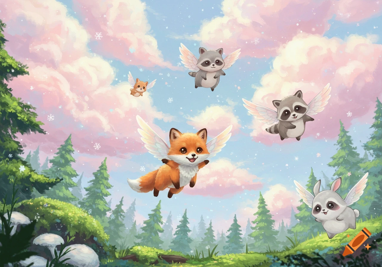 Kawaii illustration of a winged fox, raccoons, and a bunny flying over a snowy forest with pink cotton candy clouds.