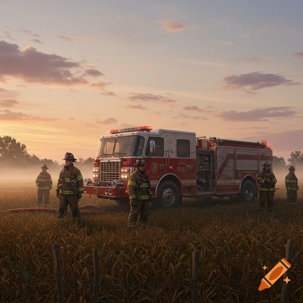 Several firefighters stand in a rural field next to a red and white fire truck under a sunset sky.