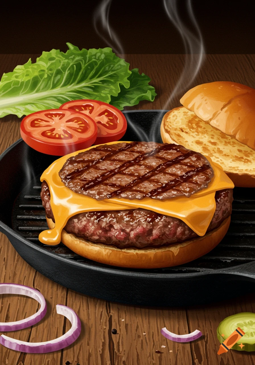 An illustration of a steaming grilled cheeseburger with melting cheese in a cast iron pan, surrounded by lettuce, tomato slices, a toasted bun, and onion rings on a wooden table.