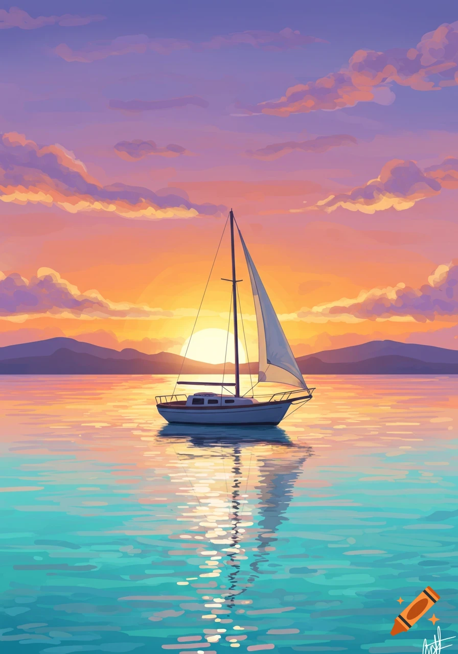 An illustrative painting of a sailboat on calm water with a vibrant orange and purple sunset sky and distant mountains.