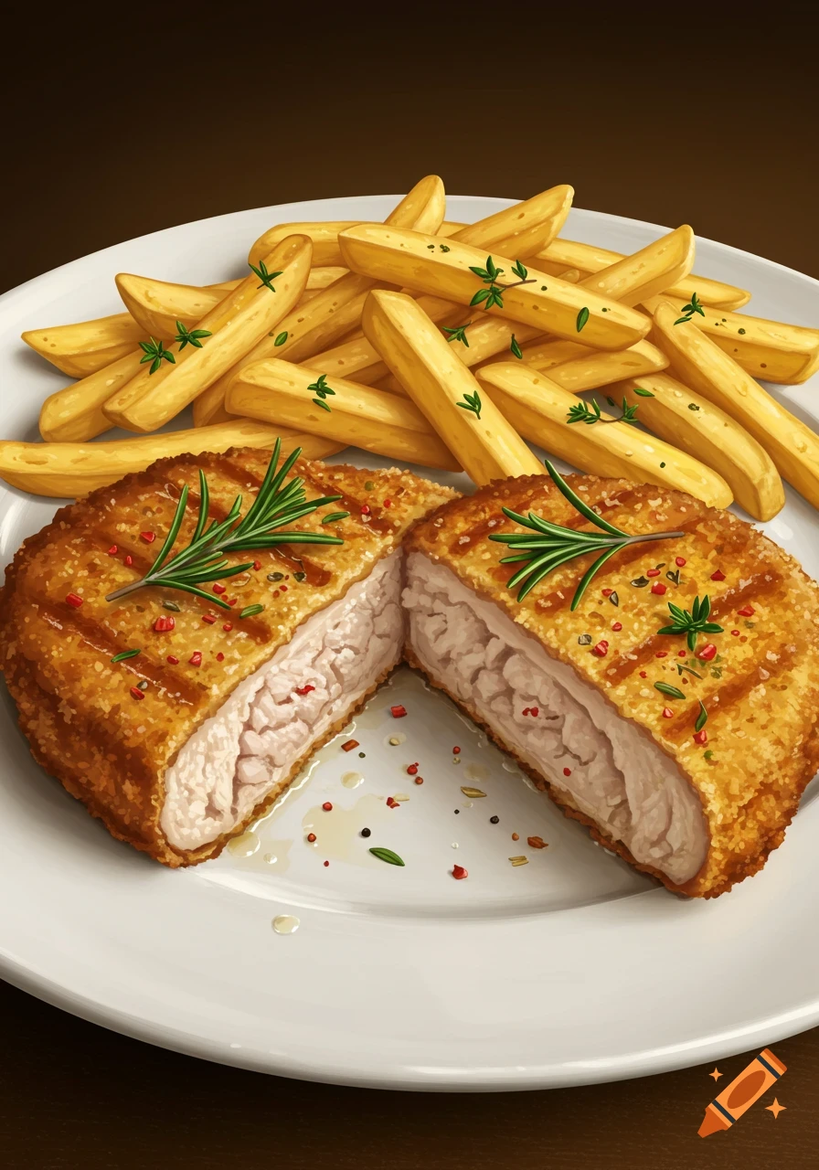 An illustrated breaded chicken cutlet, sliced in half, served with french fries and rosemary on a white plate.