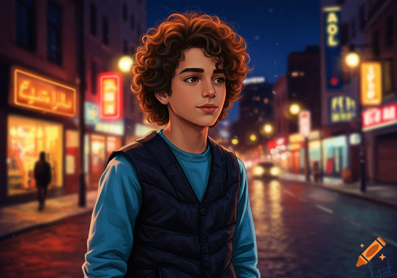 A boy with curly brown hair in a blue shirt and black vest stands on a rainy city street at night with neon lights.