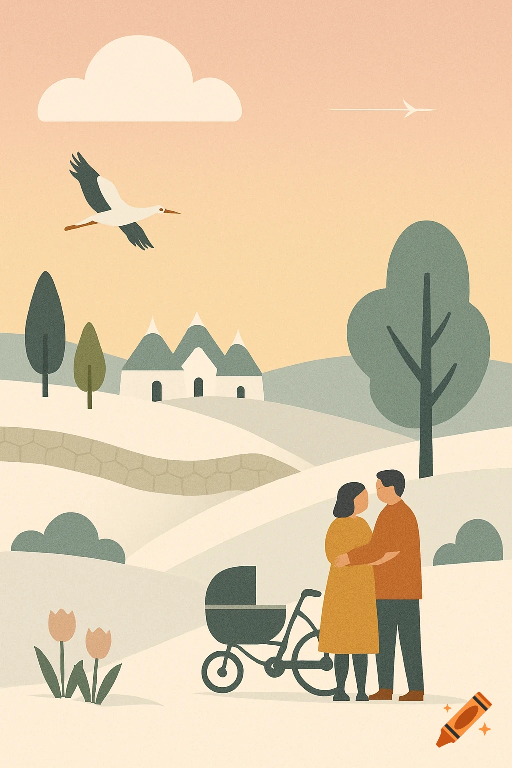 A minimalist flat illustration of a couple with a baby carriage in a stylized landscape with Trulli houses, flying stork, and tulips.