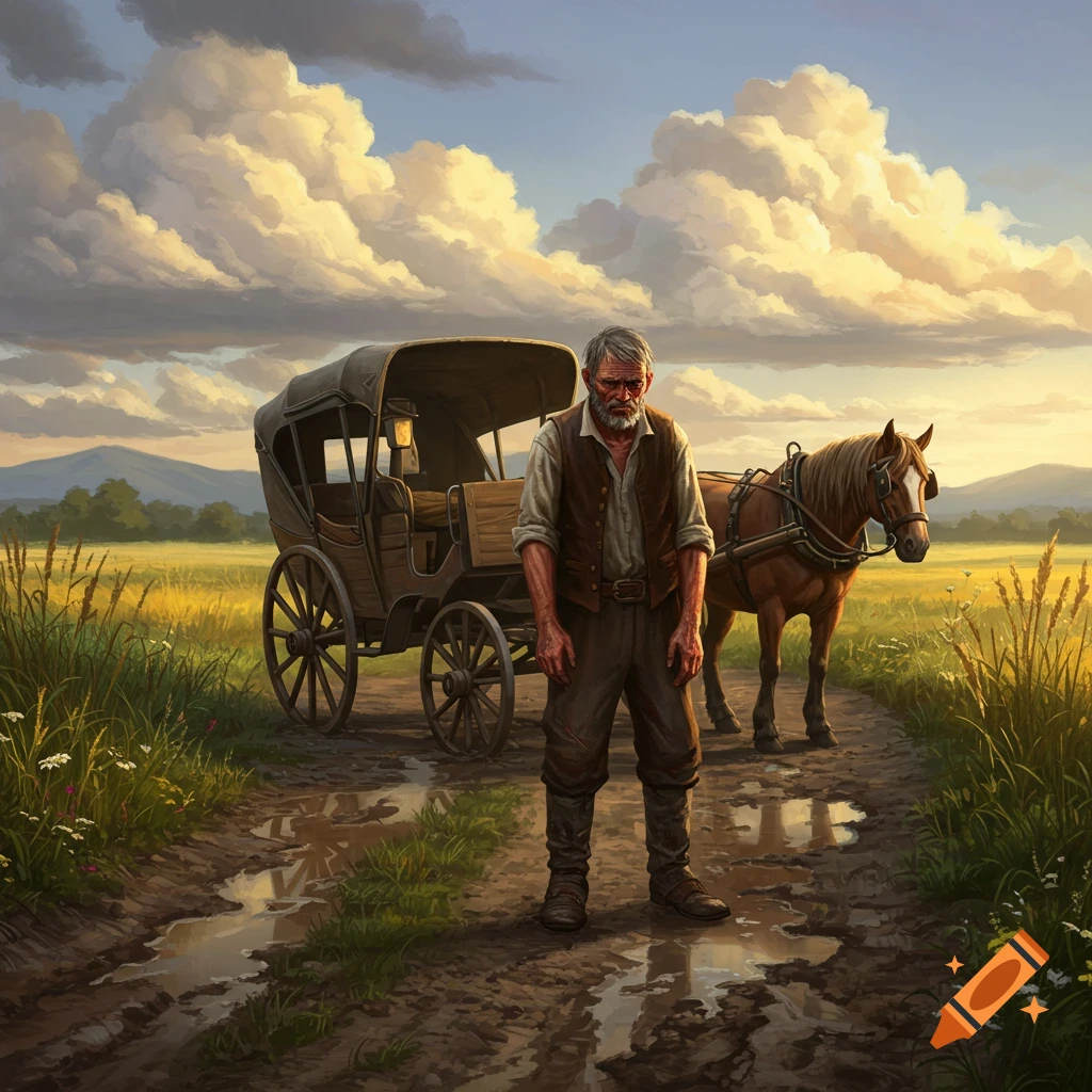 An old man stands on a muddy path next to a horse-drawn carriage and horse, under a cloudy sky in a rural, golden-hour landscape.