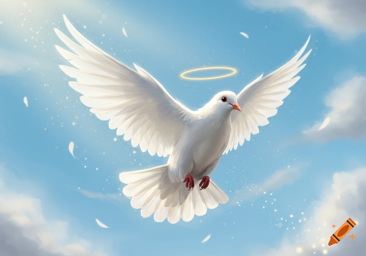 A white dove with outstretched wings and a golden halo flies gracefully against a bright blue sky with sparkling light and falling feathers.
