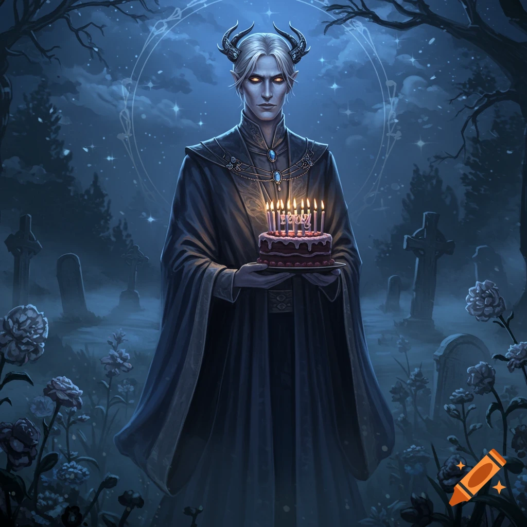 A horned elf in a dark cloak holds a red birthday cake with glowing candles in a misty gothic graveyard at night, digital painting.