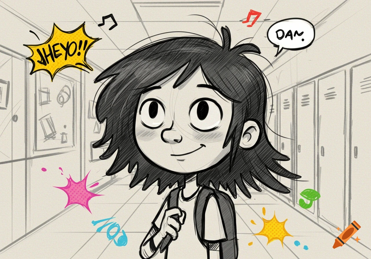 A cartoon girl with dark hair and a backpack smiles in a school hallway, with speech bubbles saying 'JHEYO!!' and 'DAN.' in a sketch-like comic style.