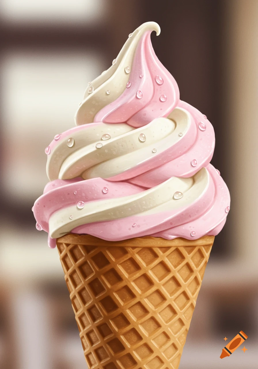 A swirled vanilla and strawberry soft-serve ice cream cone with water droplets.