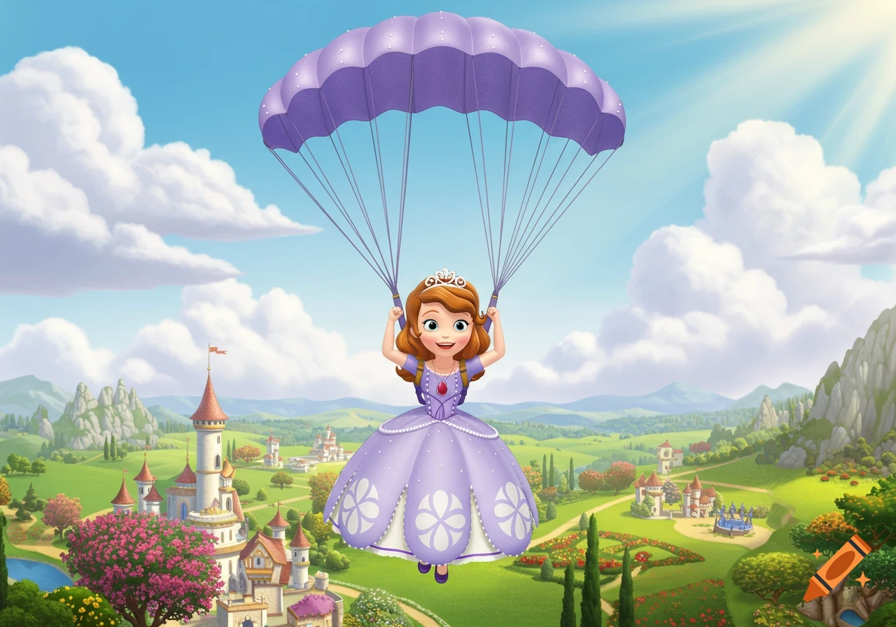 Princess Sofia The First floats down with a purple parachute over a vibrant cartoon kingdom with castles and green hills.